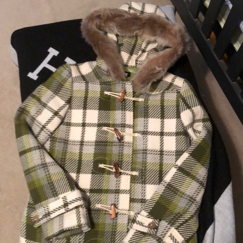 J crew fur hooded wool toggle coat